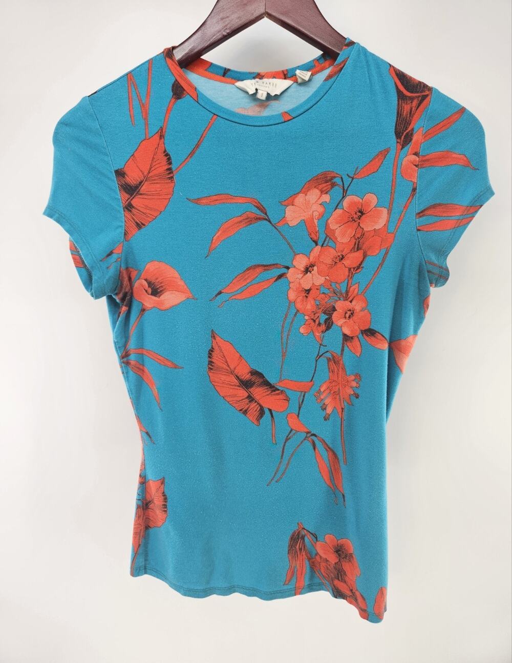 Ted Baker London Women’s Size 1 Blue Coral Floral Short Sleeve T-Shirt Top